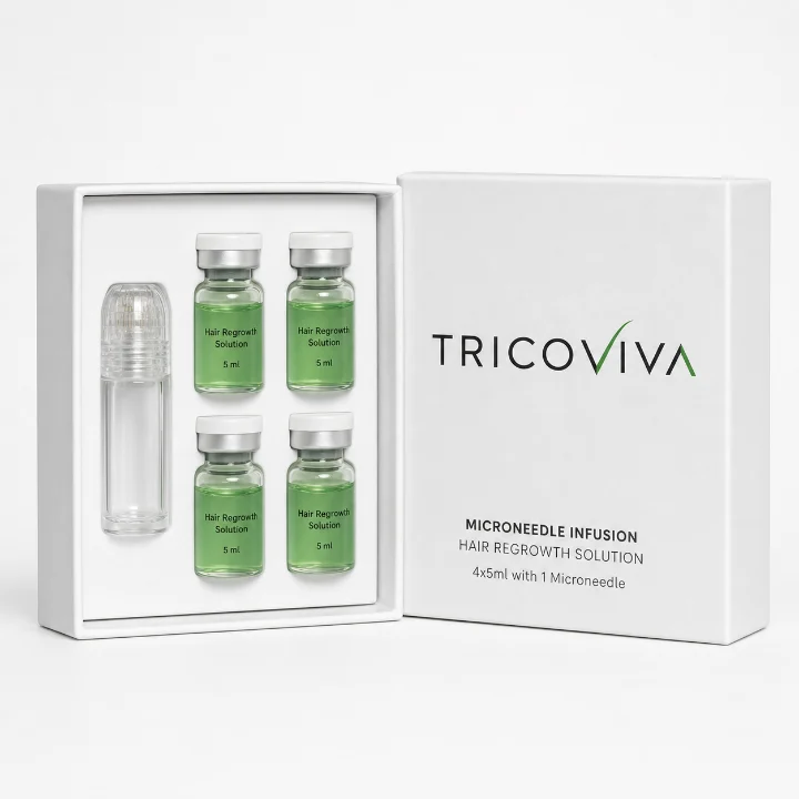 Caja del paquete de 1 mes: cuatro ampolletas de sérum y una microaguja