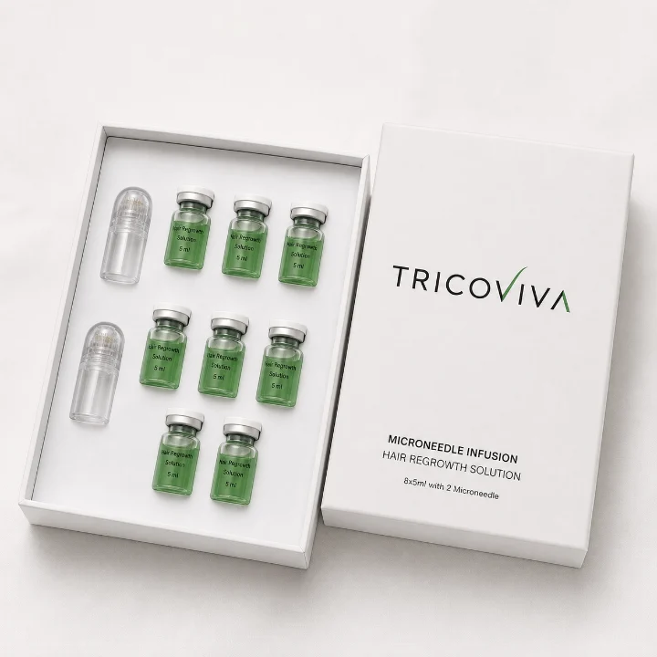 Caja del paquete de 2 meses: ocho ampolletas de sérum y dos microagujas