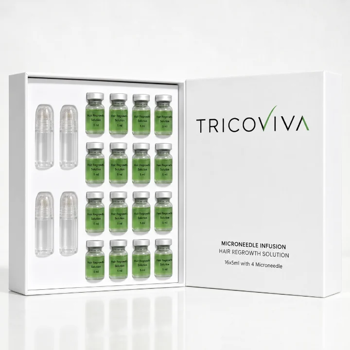 Caja del paquete de 4 meses: dieciséis ampolletas de sérum y cuatro microagujas