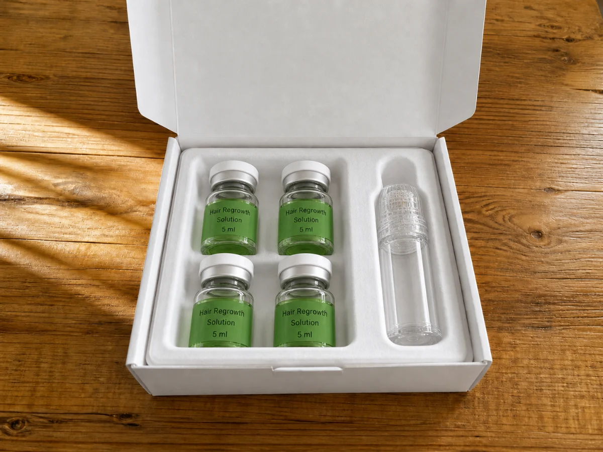 The open box with four serum vials and the microneedle in place