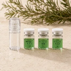 Tres ampolletas de sérum verde junto a la microaguja, vistas de cerca