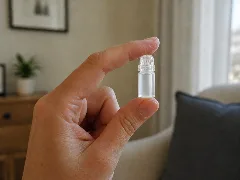 La microaguja sostenida entre los dedos, para ver de qué tamaño es